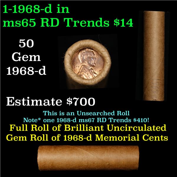 Shotgun Lincoln 1c roll, 1968-D 50 pcs Brandt Wrapper.