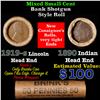 Image 1 : Mixed small cents 1c orig shotgun roll, 1919-s Wheat Cent, 1890 Indian Cent other end, Brinks Wrappe