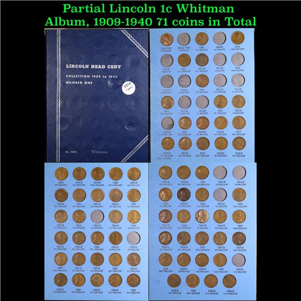 Partial Lincoln 1c Whitman Album, 1909-1940 71 coins in Total