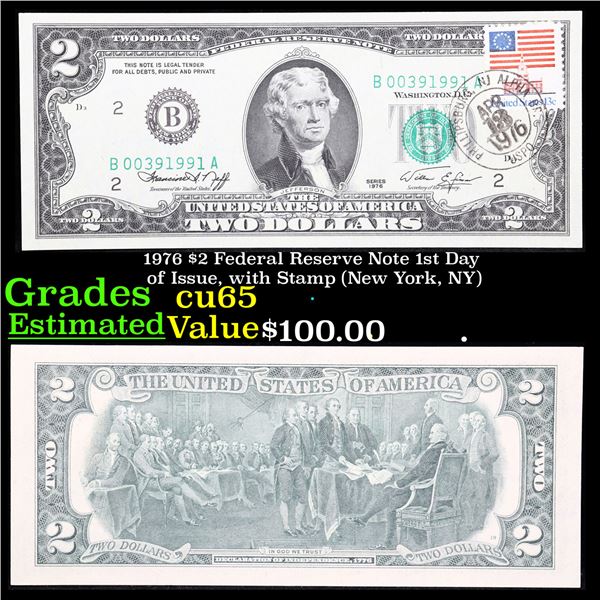 1976 $2 Federal Reserve Note 1st Day of Issue, with Stamp (New York, NY) Grades Gem CU