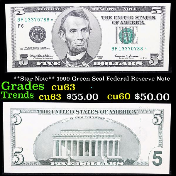 **Star Note** 1999 Green Seal Federal Reserve Note Grades Select CU