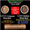 Image 1 : Mixed small cents 1c orig shotgun roll, 1919-s Wheat Cent, 1889 Indian Cent other end, Brinks Wrappe