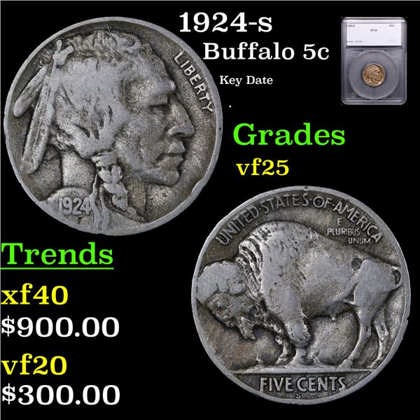 1924-s Buffalo Nickel 5c Graded vf25 BY SEGS
