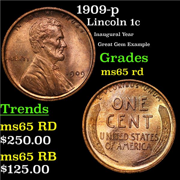 1909-p Lincoln Cent 1c Grades GEM Unc RD