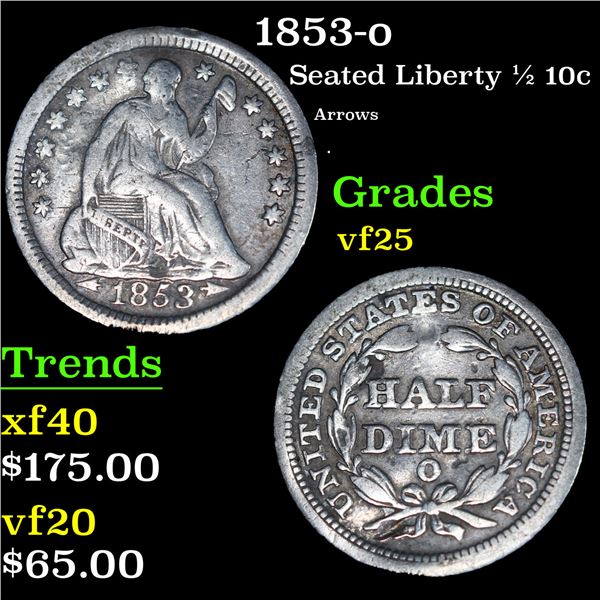 1853-o Seated Liberty Half Dime 1/2 10c Grades vf+