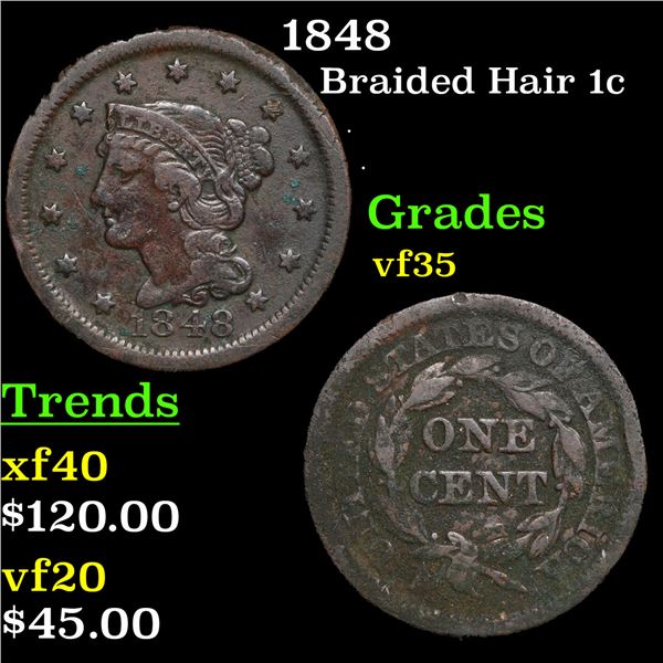 1848 Braided Hair Large Cent 1c Grades vf++