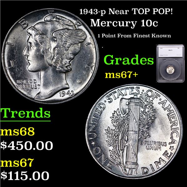 1943-p Mercury Dime Near TOP POP! 10c Graded ms67+ BY SEGS
