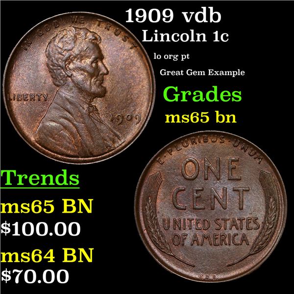 1909 vdb Lincoln Cent 1c Grades GEM Unc BN