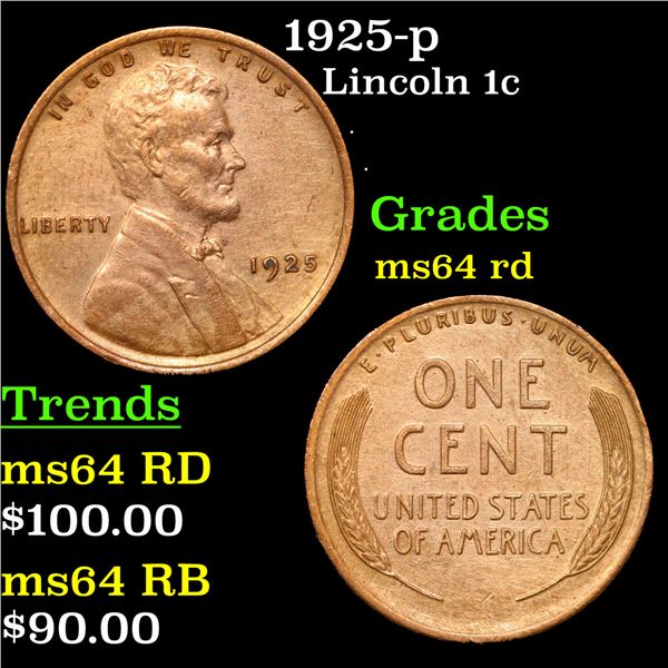 1925-p Lincoln Cent 1c Grades Choice Unc RD