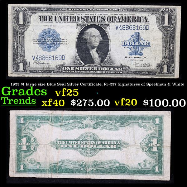 1923 $1 large size Blue Seal Silver Certificate, Fr-237 Signatures of Speelman & White Grades vf+