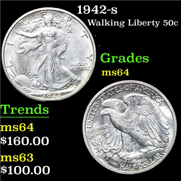 1942-s Walking Liberty Half Dollar 50c Grades Choice Unc