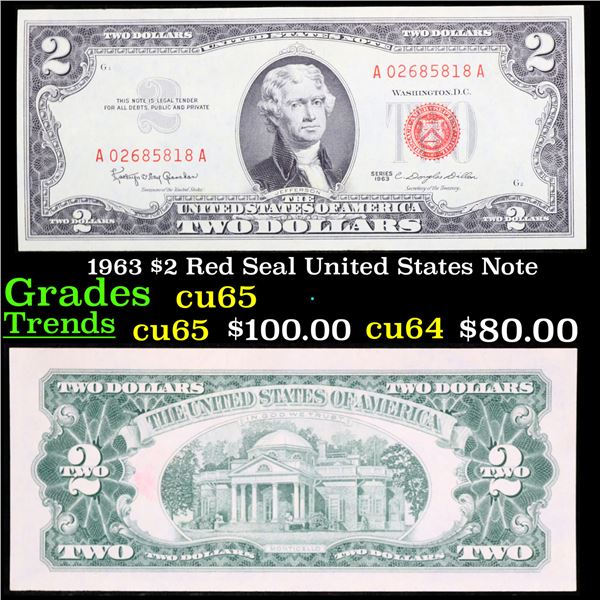 1963 $2 Red Seal United States Note Grades Gem CU