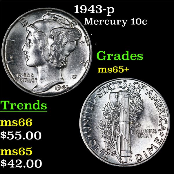 1943-p Mercury Dime 10c Grades GEM+ Unc