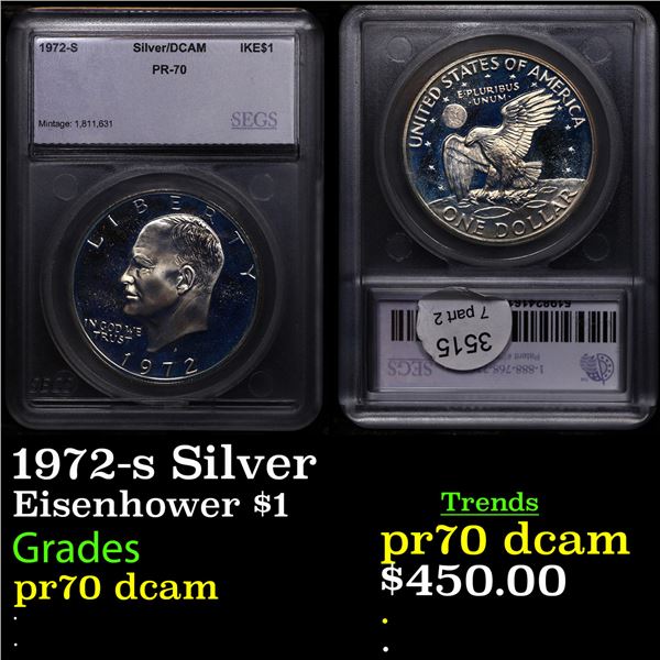 Proof 1972-s Silver Eisenhower Dollar $1 Graded pr70 dcam BY SEGS