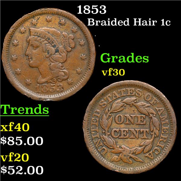 1853 Braided Hair Large Cent 1c Grades vf++