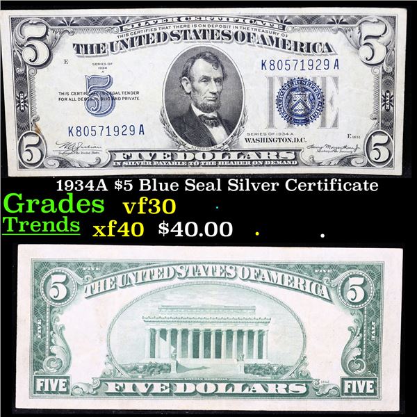1934A $5 Blue Seal Silver Certificate Grades vf++