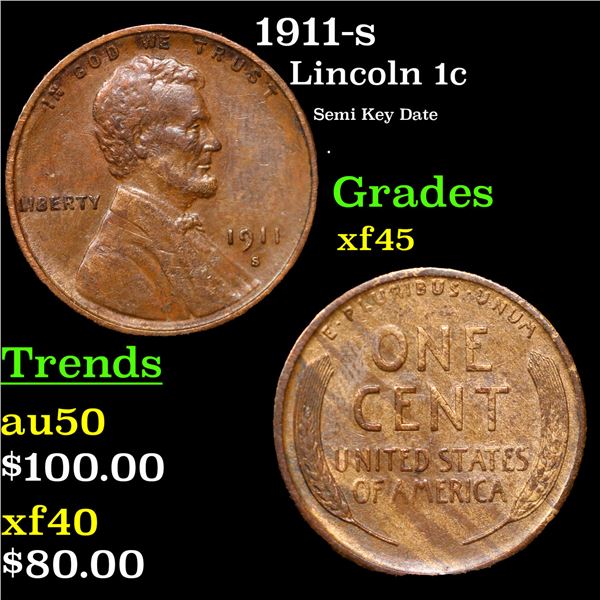 1911-s Lincoln Cent 1c Grades xf+