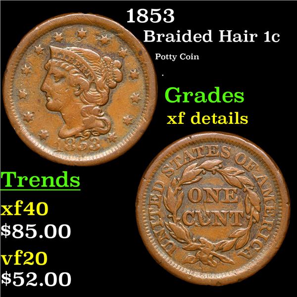 1853 Braided Hair Large Cent 1c Grades xf details