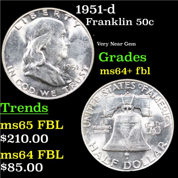 1951-d Franklin Half Dollar 50c Grades Choice Unc+ FBL