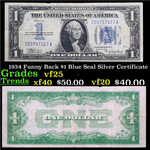 1934 Funny Back $1 Blue Seal Silver Certificate Grades vf+