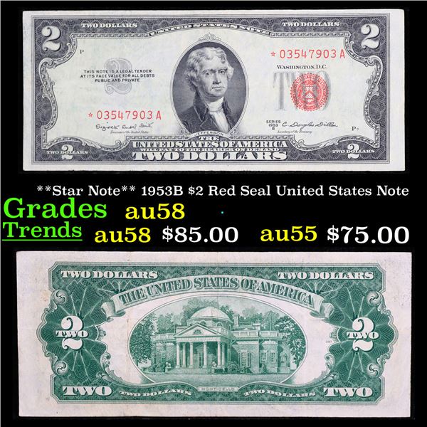 **Star Note** 1953B $2 Red Seal United States Note Grades Choice AU/BU Slider