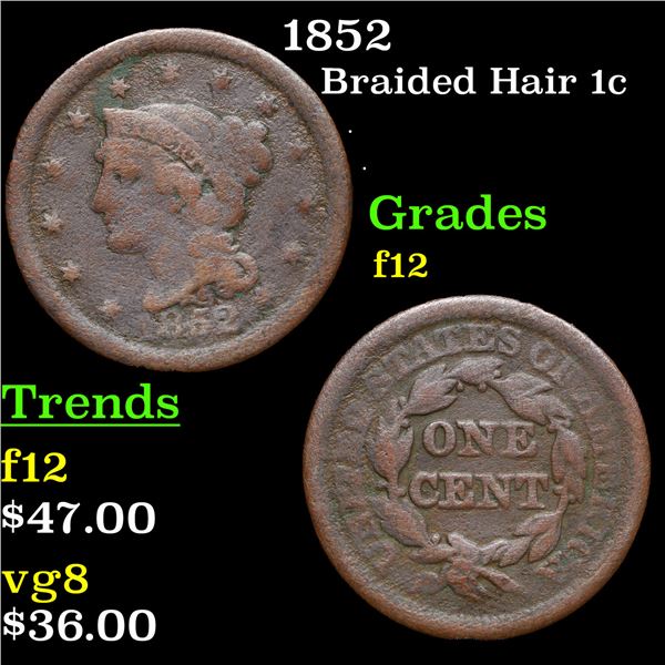 1852 Braided Hair Large Cent 1c Grades f, fine