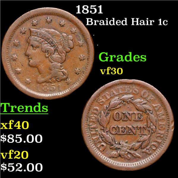 1851 Braided Hair Large Cent 1c Grades vf++