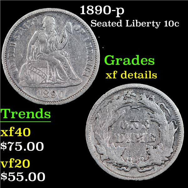 1890-p Seated Liberty Dime 10c Grades xf details