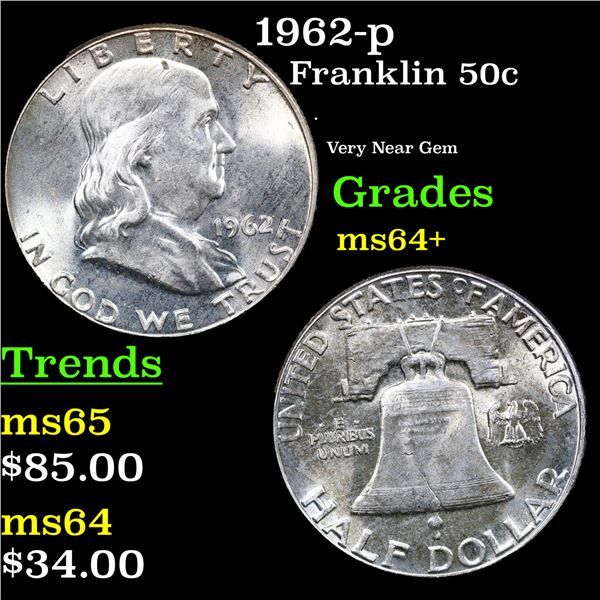 1962-p Franklin Half Dollar 50c Grades Choice+ Unc