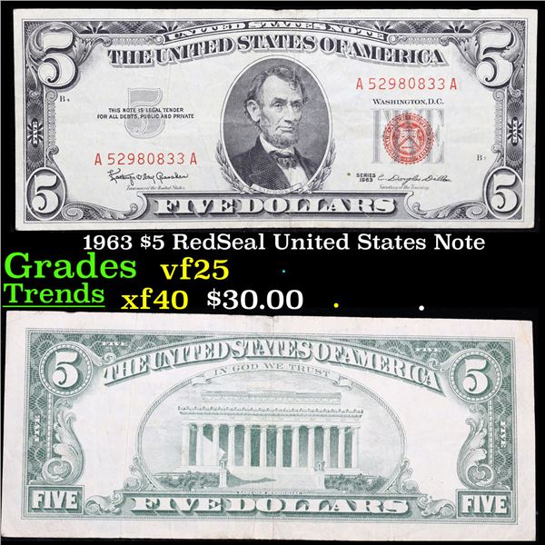 1963 $5 RedSeal United States Note Grades vf+