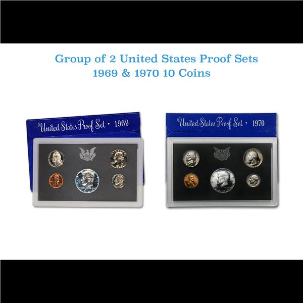 Group of 2 United States Mint Proof Sets 1969-1970. Containd 1970 Kennedy Half Dollar was struck in 