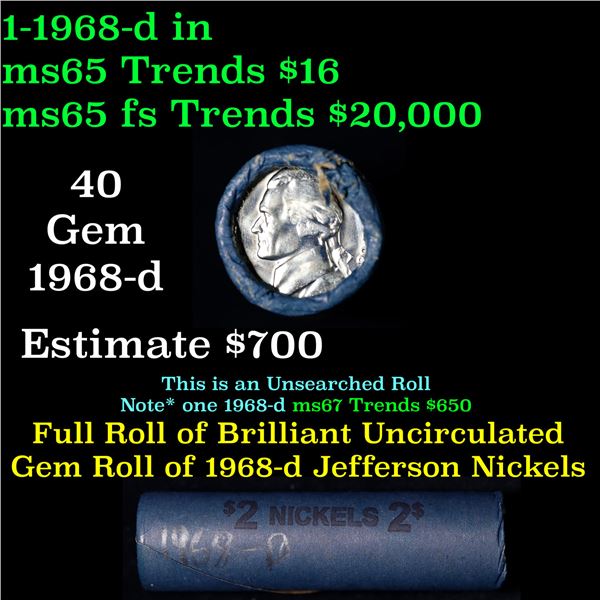 Shotgun Jefferson 5c roll, 1968-d 50 pcs Vintage Nickel Wrapper.