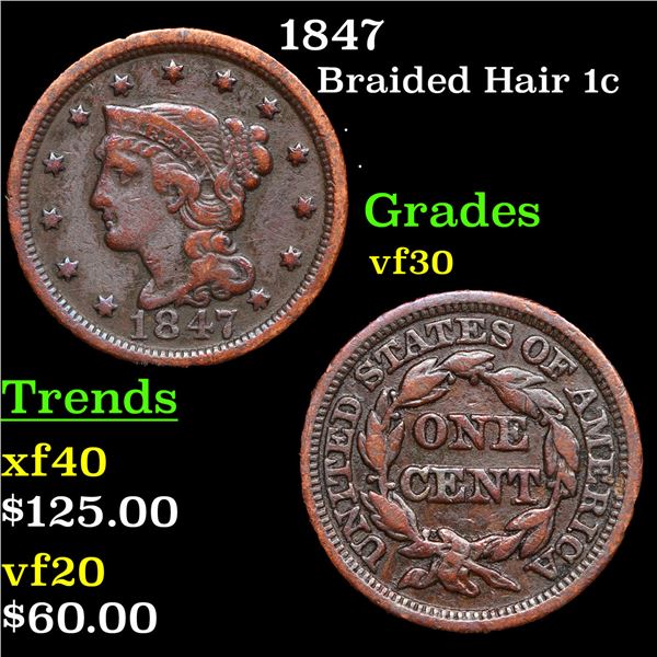 1847 Braided Hair Large Cent 1c Grades vf++