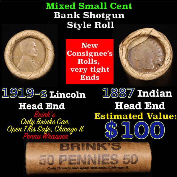 Mixed small cents 1c orig shotgun roll, 1919-s Wheat Cent, 1887 Indian Cent other end, Brinks Wrappe