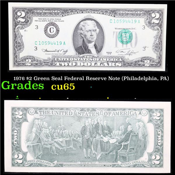 1976 $2 Green Seal Federal Reserve Note (Philadelphia, PA) Grades Gem CU