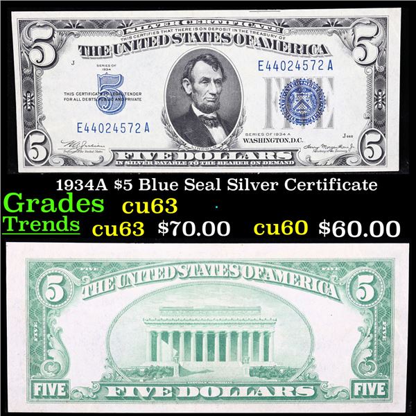 1934A $5 Blue Seal Silver Certificate Grades Select CU