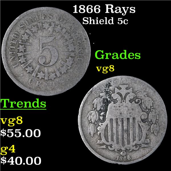 1866 Rays Shield Nickel 5c Grades vg, very good