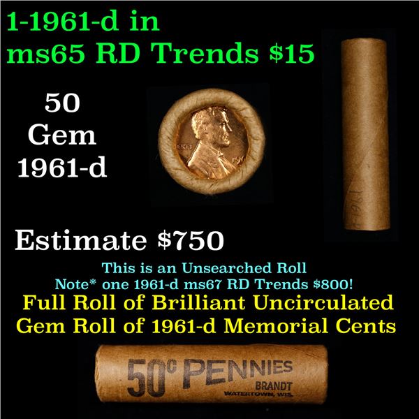 Shotgun Lincoln 1c roll, 1961-d 50 pcs Brandt Wrapper.