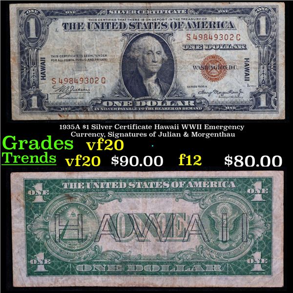 1935A $1 Silver Certificate Hawaii WWII Emergency Currency, Signatures of Julian & Morgenthau Grades