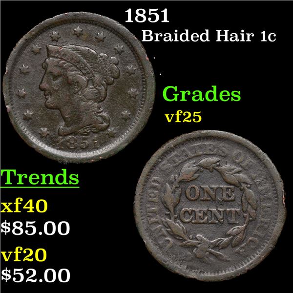 1851 Braided Hair Large Cent 1c Grades vf+