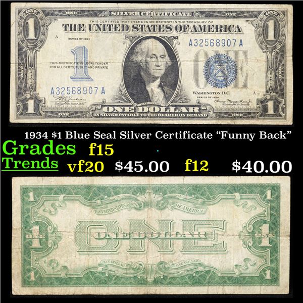 1934 $1 Blue Seal Silver Certificate "Funny Back" Grades f+