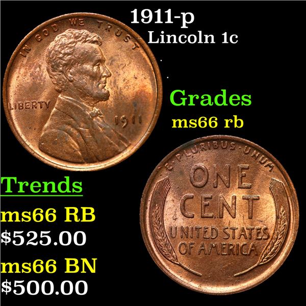 1911-p Lincoln Cent 1c Grades GEM+ Unc RB