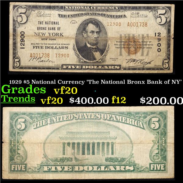 1929 $5 National Currency 'The National Bronx Bank of NY' Grades vf, very fine