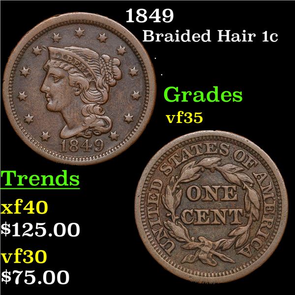 1849 Braided Hair Large Cent 1c Grades vf++