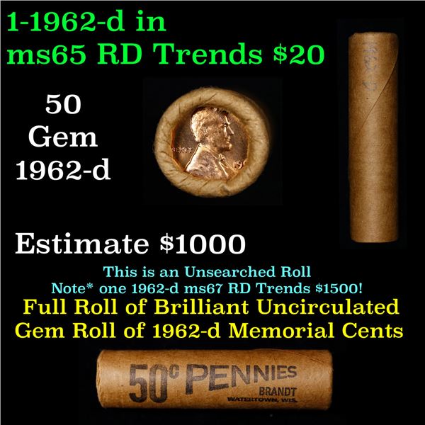 Shotgun Lincoln 1c roll, 1962-d 50 pcs Brandt Wrapper.