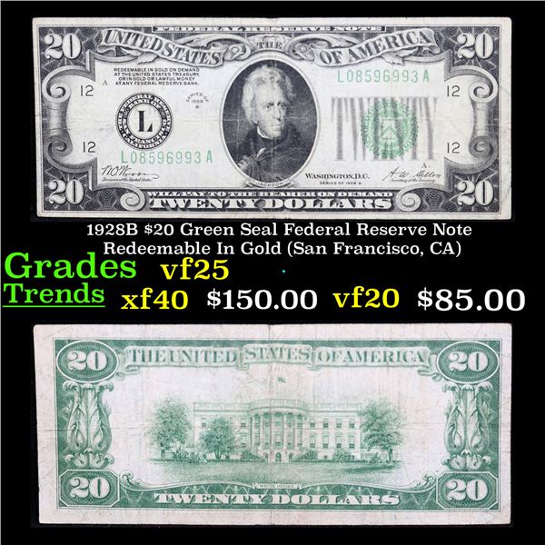 1928B $20 Green Seal Federal Reserve Note Redeemable In Gold (San Francisco, CA) Grades vf+