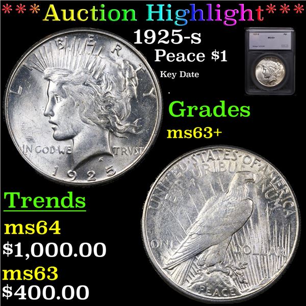 ***Auction Highlight*** 1925-s Peace Dollar $1 Graded ms63+ BY SEGS (fc)