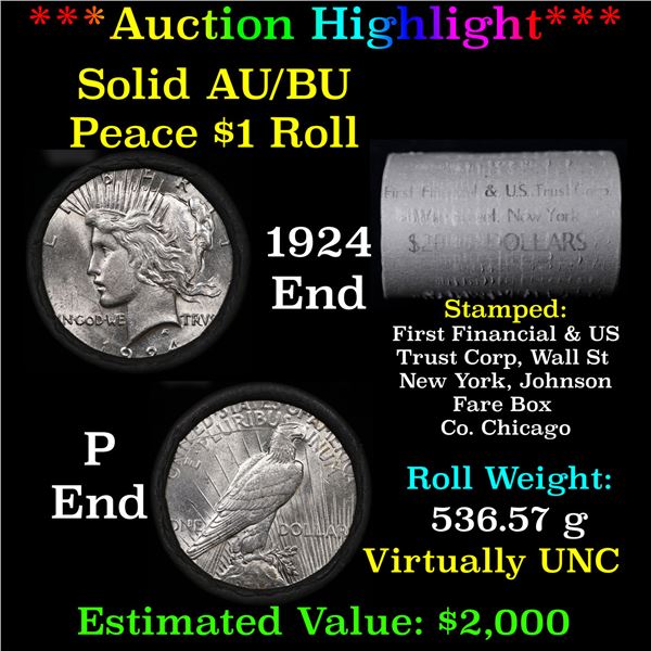 ***Auction Highlight*** AU/BU Slider First Financial Shotgun Peace $1 Roll 1924 & P Ends Virtually U