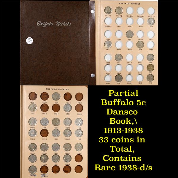 Partial Buffalo 5c Dansco Book, 1913-1938 33 coins in Total, Contains Rare 1938-d/s