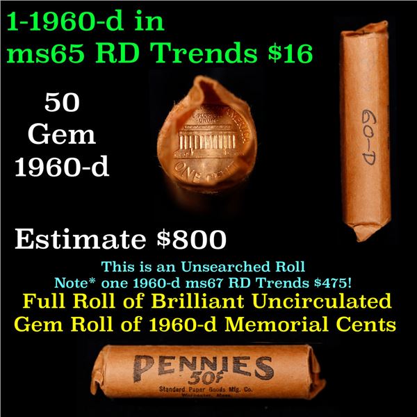 Shotgun Lincoln 1c roll, 1960-D 50 pcs Brandt Wrapper.